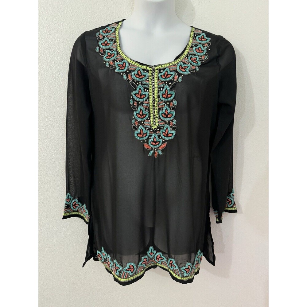 Nouveau Beach Women’s Sheer Black Beaded Beach Coverup Blingy Sexy Size L EUC